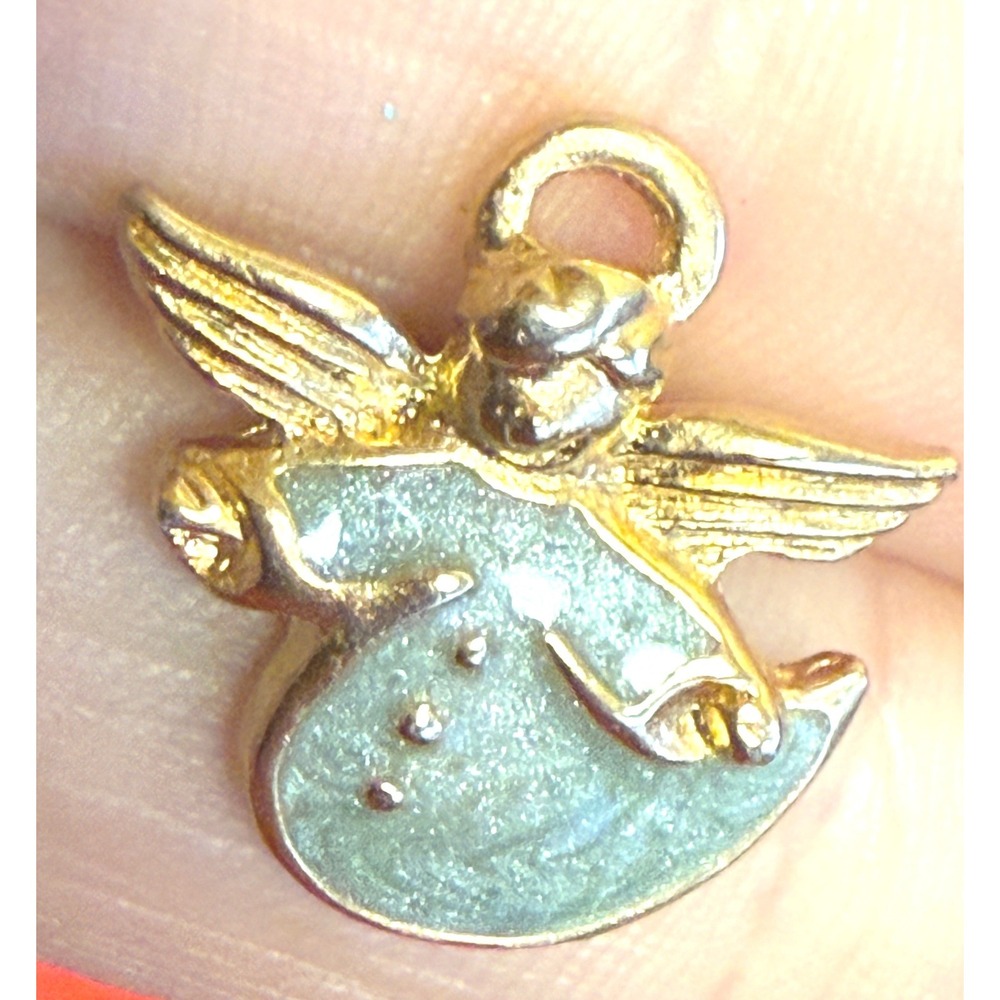 Vintage Gold Tone Angel Cherub Lapel Pin Blue Enamel Wings Spiritual Accessory